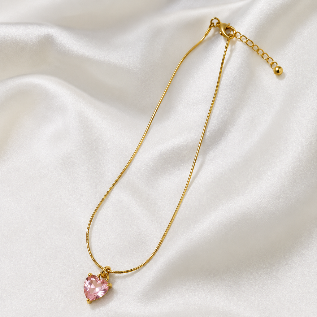 Pink Heart Crystal Pendant Necklace – Gold Finish