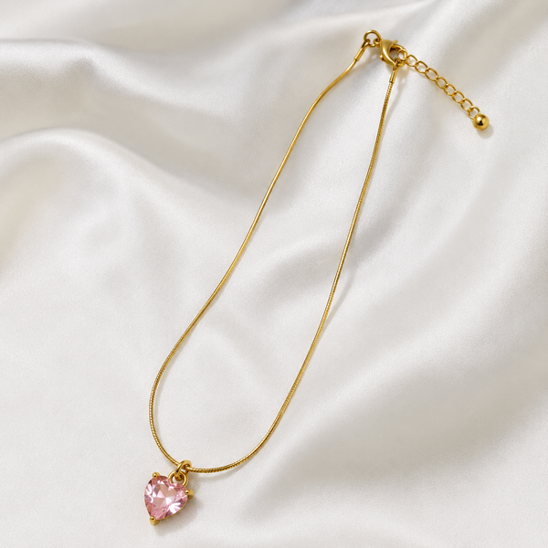Pink Heart Crystal Pendant Necklace – Gold Finish