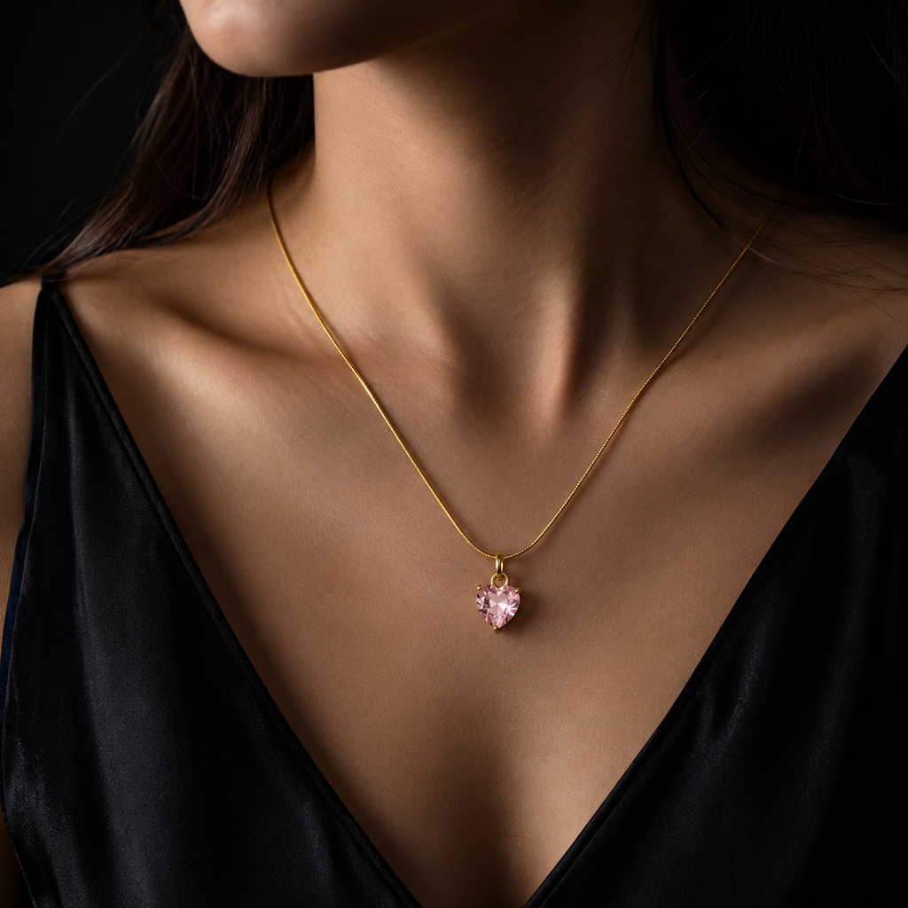 Pink Heart Crystal Pendant Necklace – Gold Finish