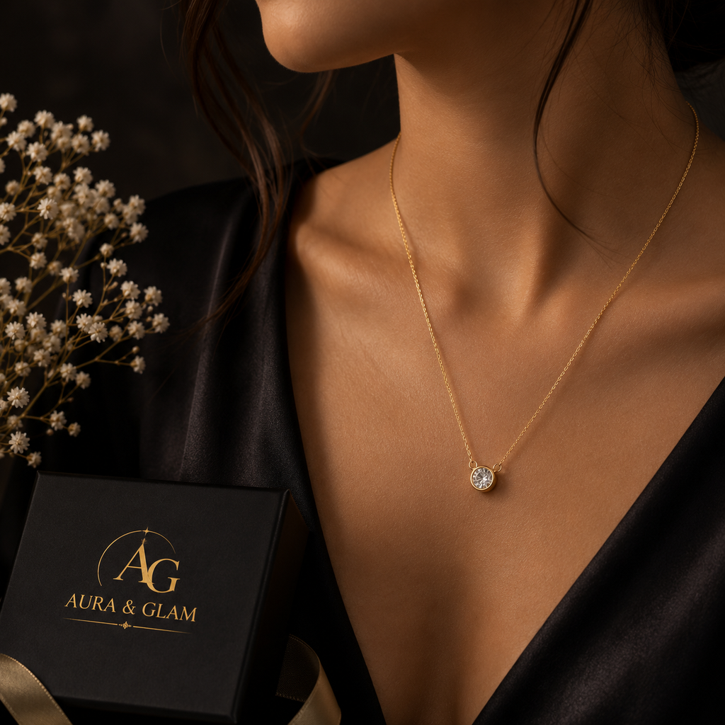 Elegant Round Crystal Solitaire Necklace – Gold Finish