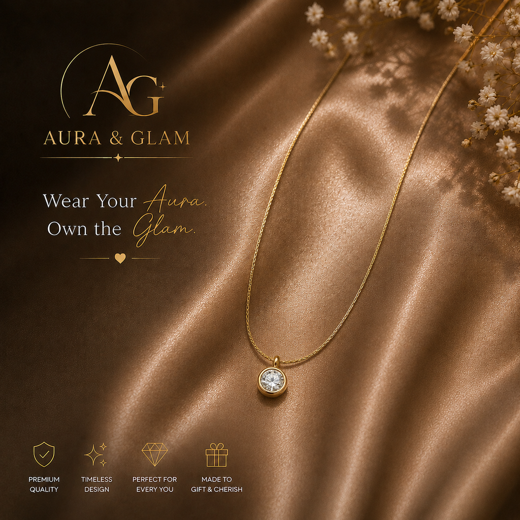 Elegant Round Crystal Solitaire Necklace – Gold Finish
