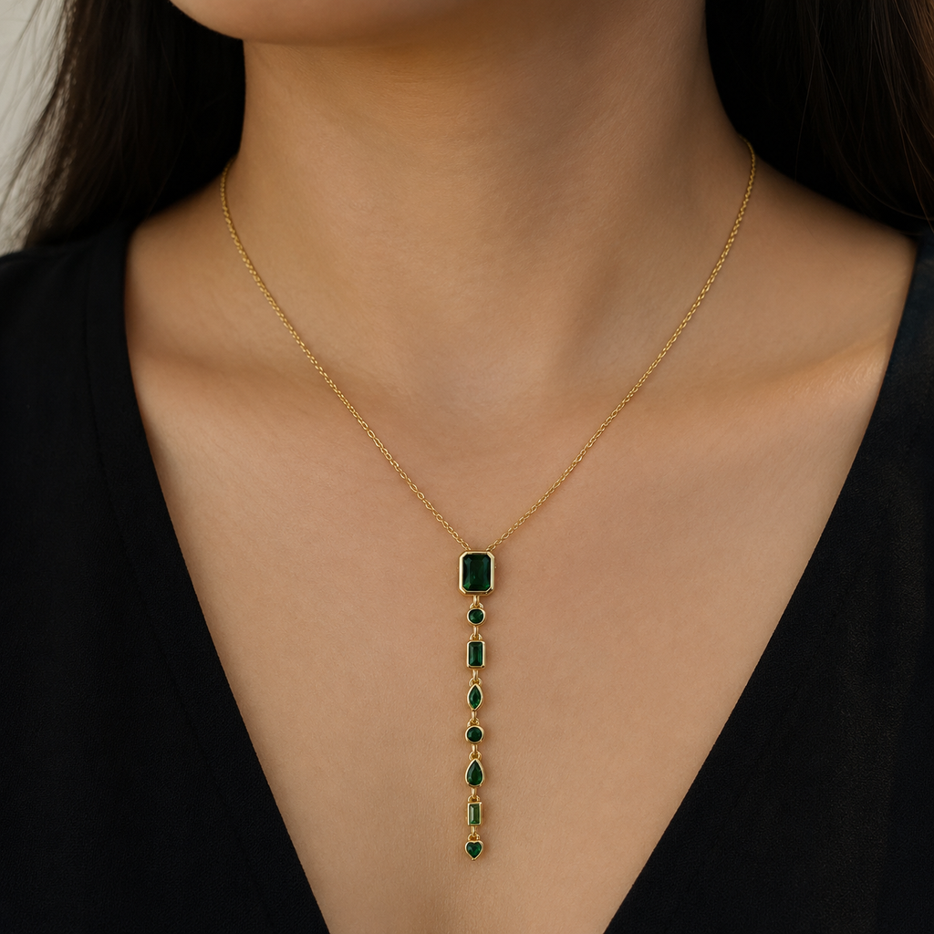 Elegant Emerald Drop Pendant Necklace – Gold Finish