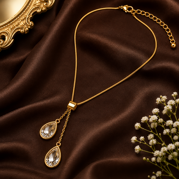 Elegant Teardrop Crystal Lariat Necklace – Gold Finish