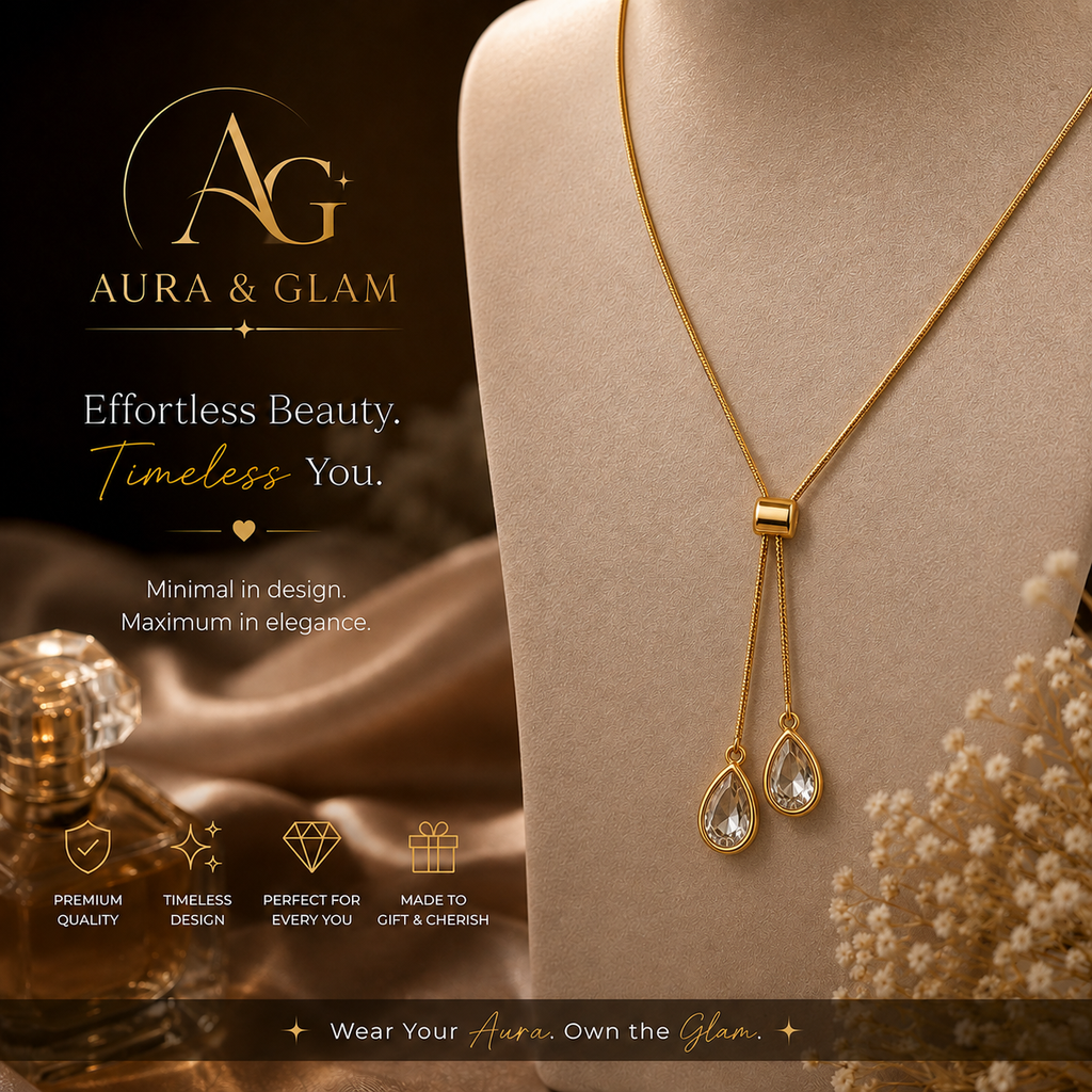 Elegant Teardrop Crystal Lariat Necklace – Gold Finish