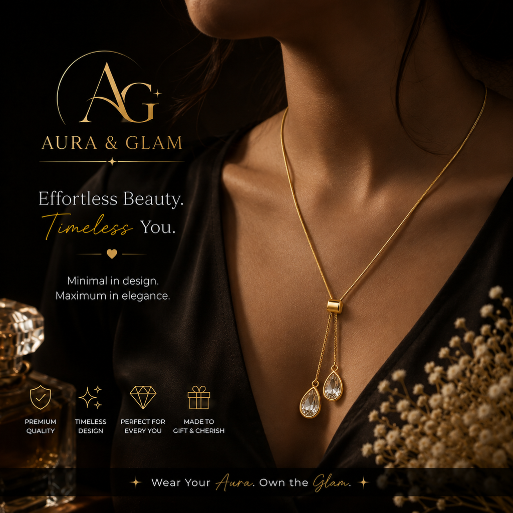 Elegant Teardrop Crystal Lariat Necklace – Gold Finish