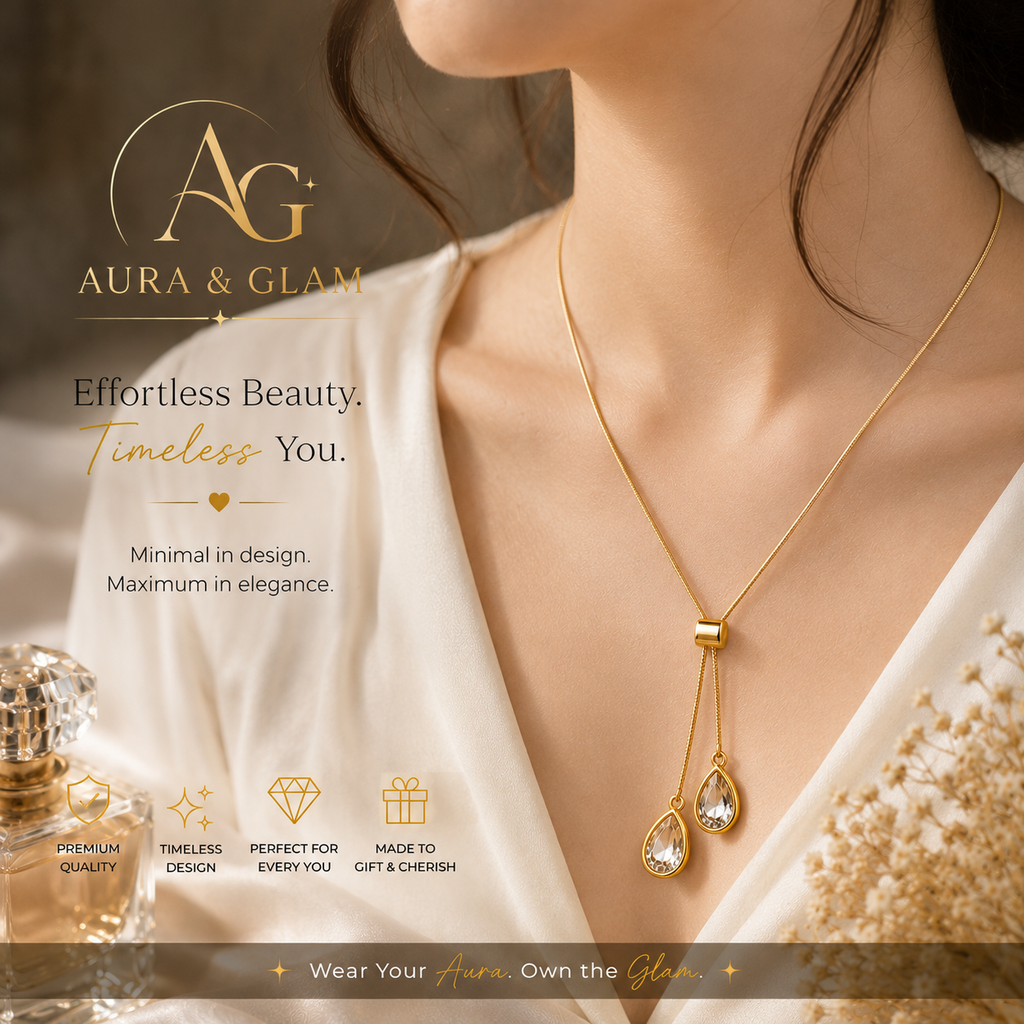 Elegant Teardrop Crystal Lariat Necklace – Gold Finish