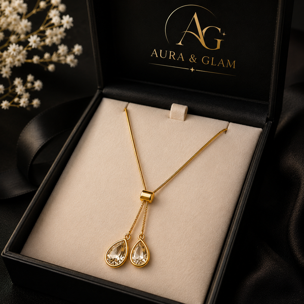 Elegant Teardrop Crystal Lariat Necklace – Gold Finish