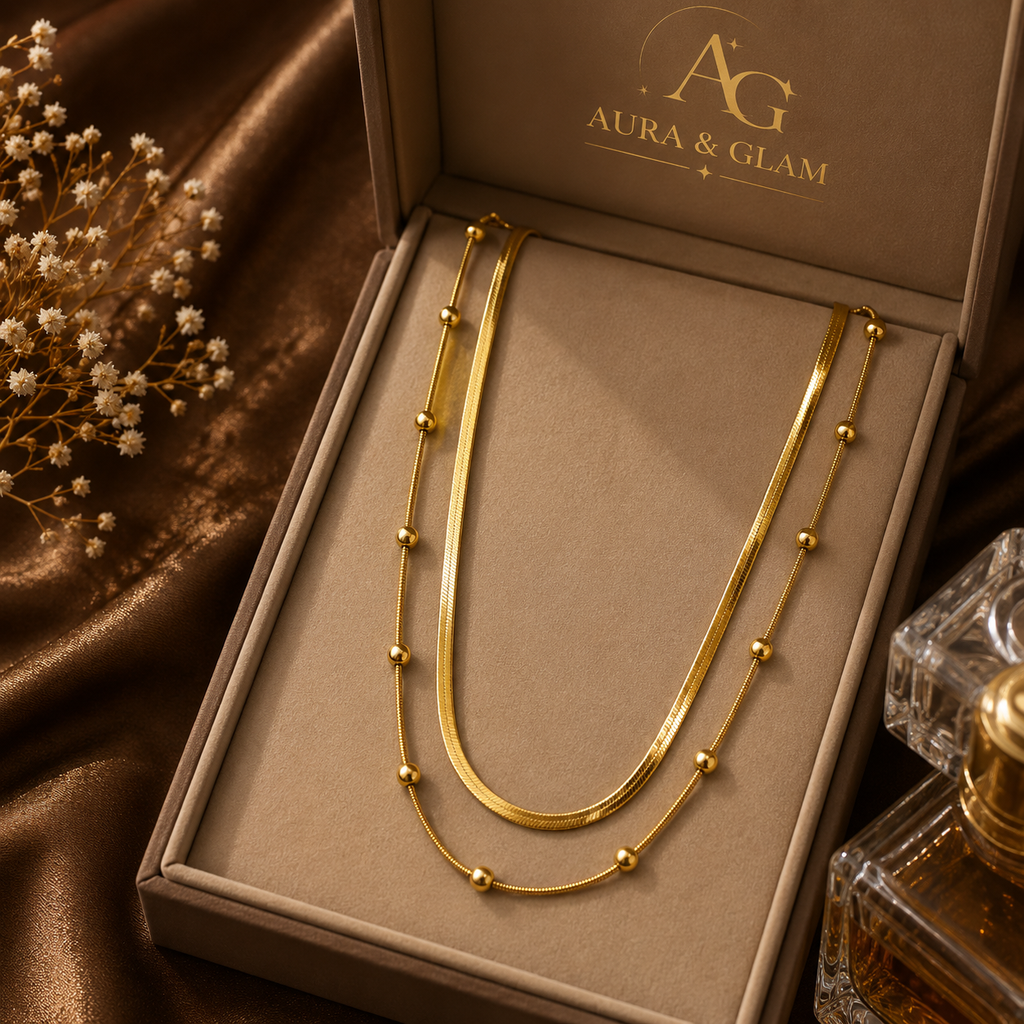 Gold Double Layer Beaded Chain Necklace