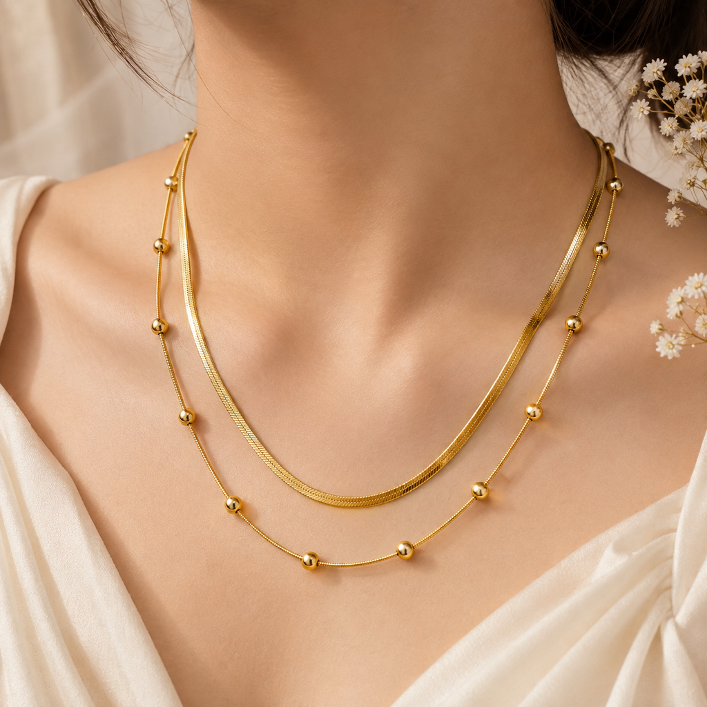 Gold Double Layer Beaded Chain Necklace