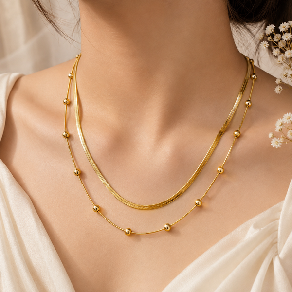 Gold Double Layer Beaded Chain Necklace