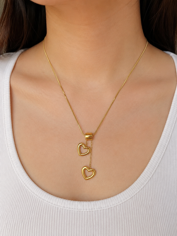 Gold Double Heart Lariat Necklace