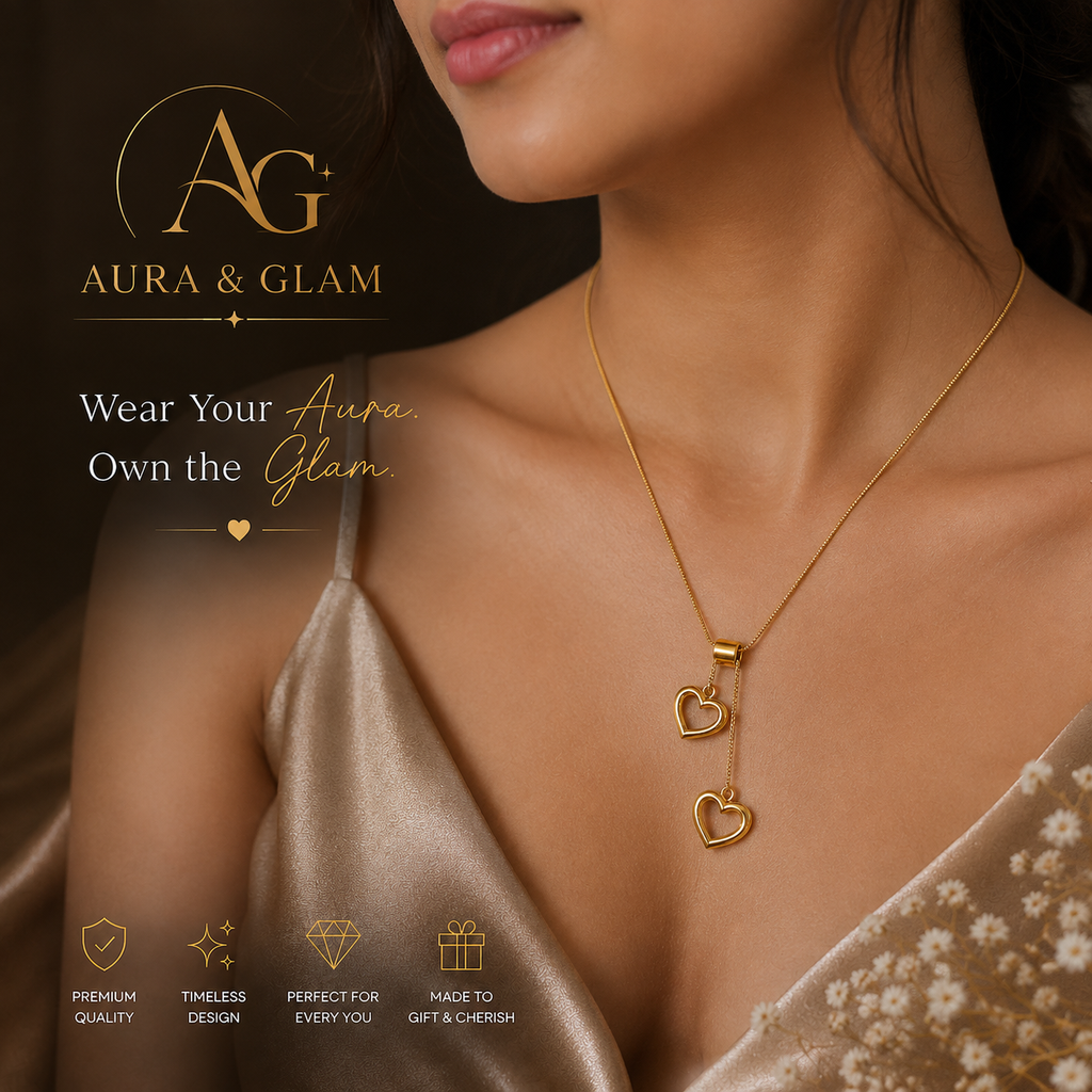 Gold Double Heart Lariat Necklace