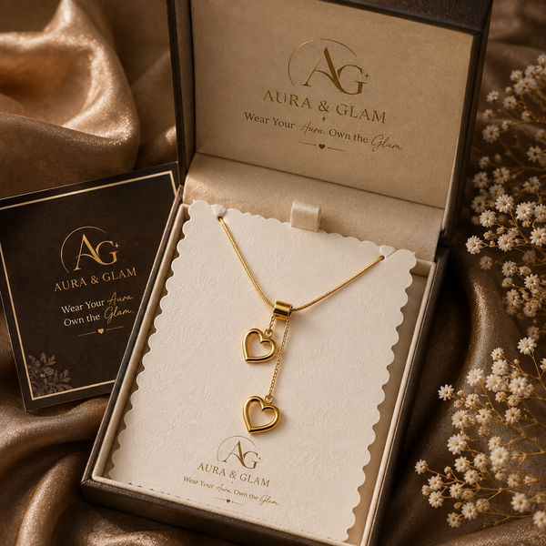 Gold Double Heart Lariat Necklace