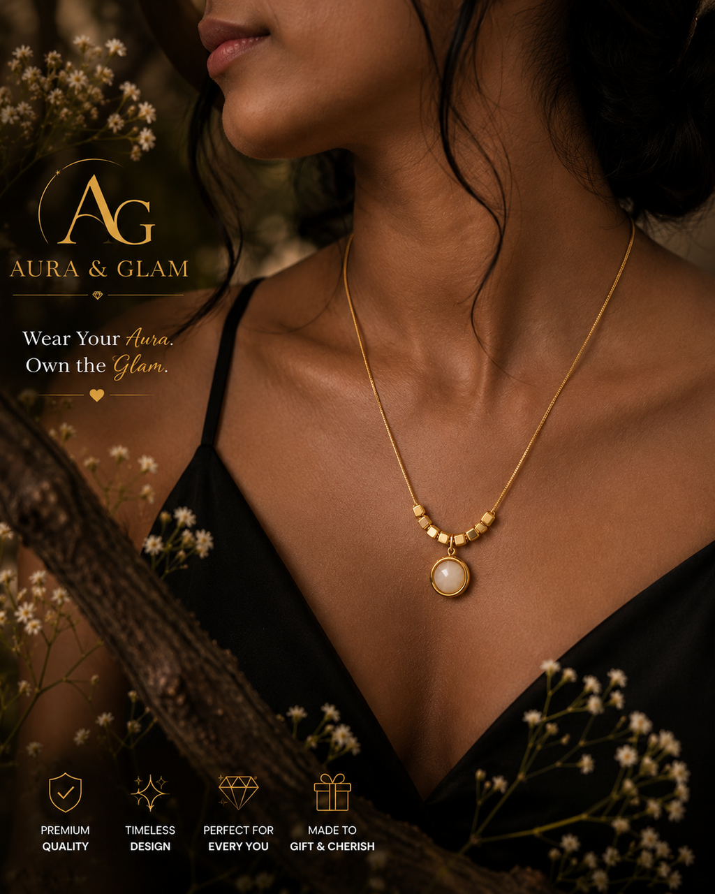 Gold Beaded Round Pendant Necklace