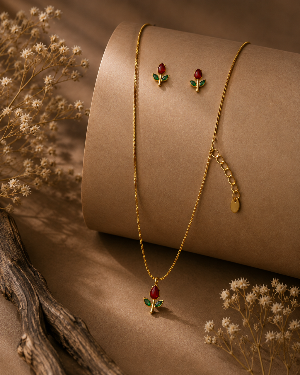 Tulip Red & Green Floral Pendant Necklace