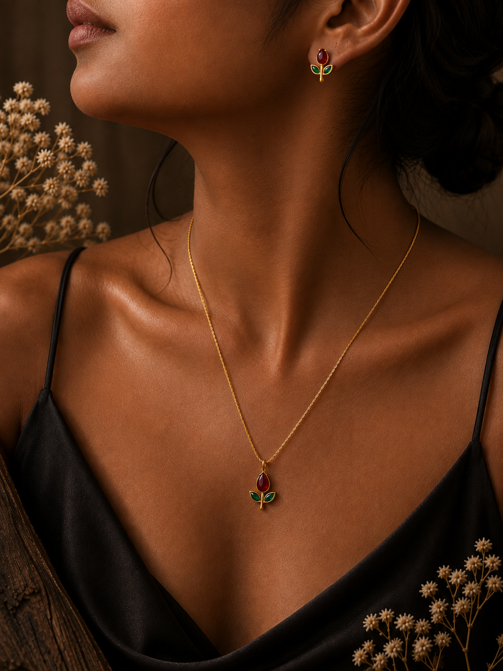Tulip Red & Green Floral Pendant Necklace