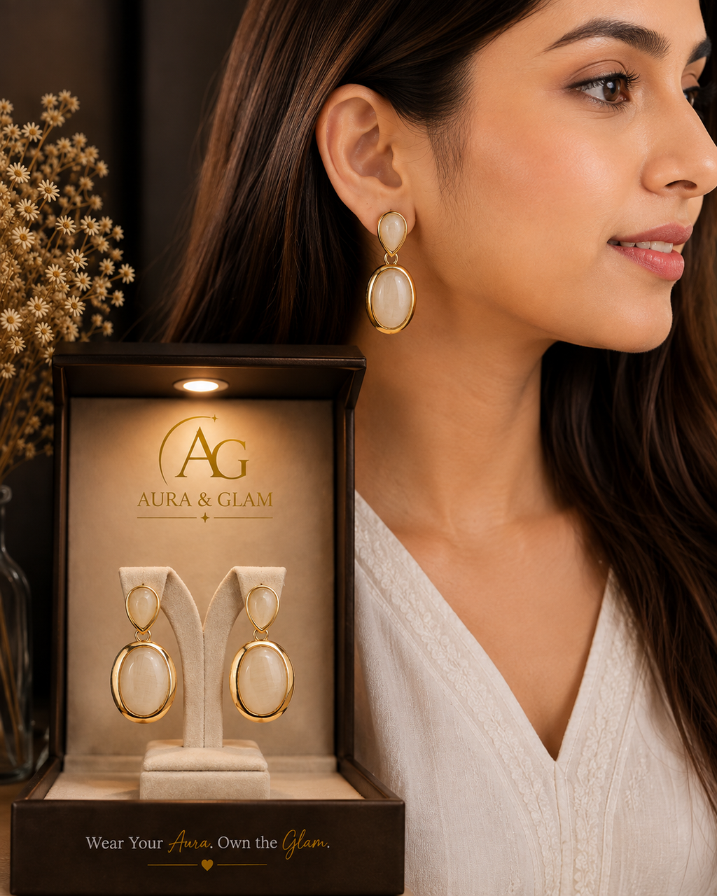 Gold-Tone White Stone Drop Earrings