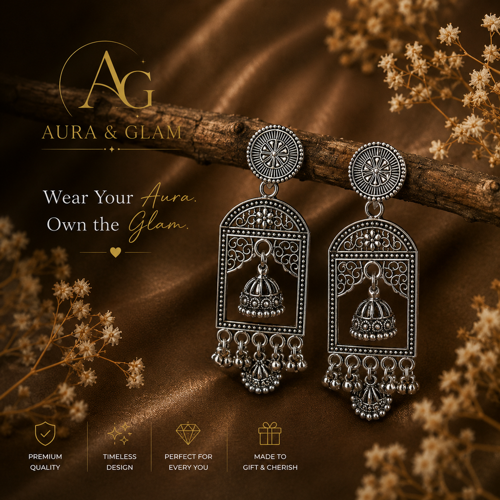 Oxidised Silver Traditional Jhumka Earrings