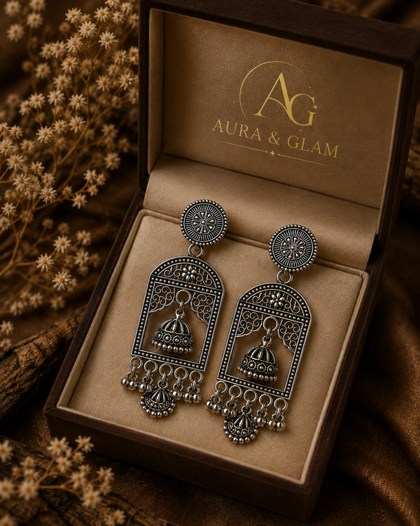 Oxidised Silver Traditional Jhumka Earrings