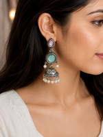 ✨ German Silver Multicolor Stone Pearl Jhumka Earrings