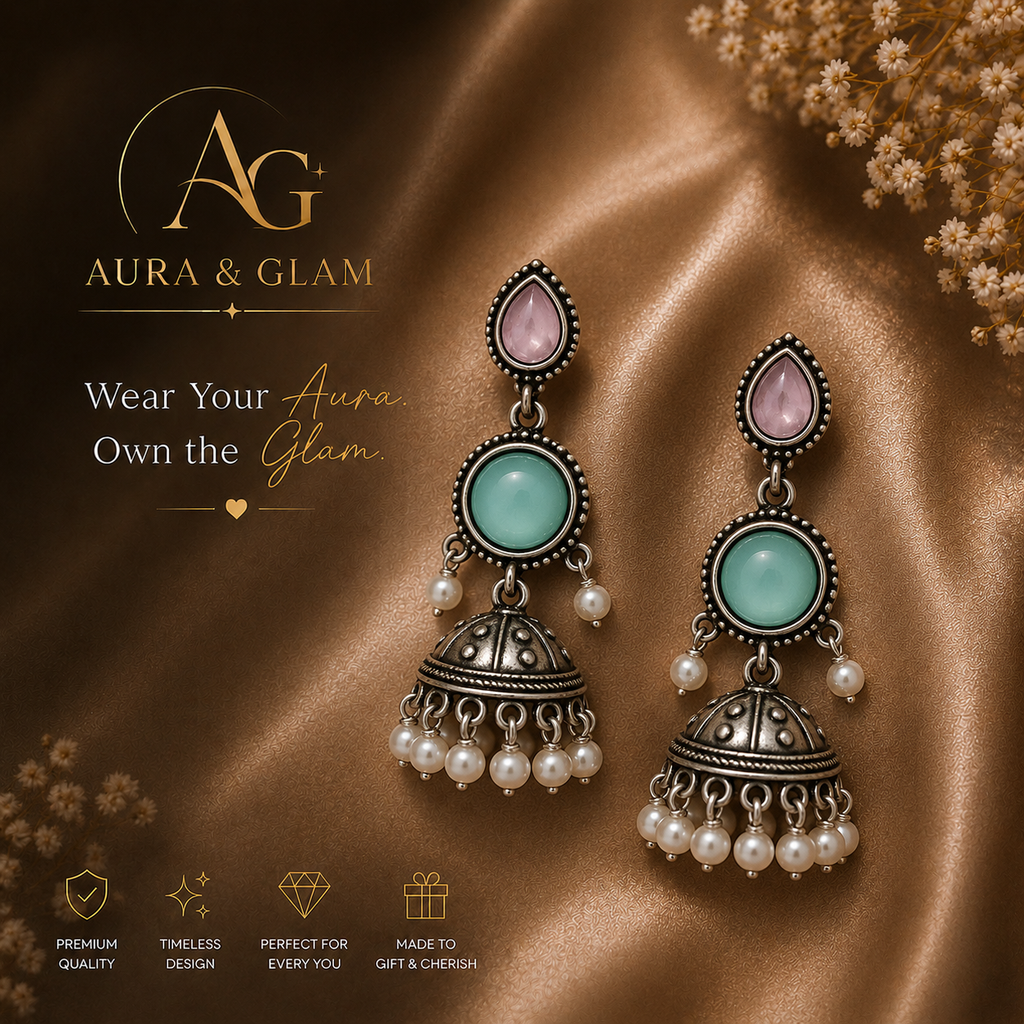 ✨ German Silver Multicolor Stone Pearl Jhumka Earrings