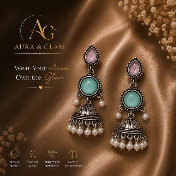 ✨ German Silver Multicolor Stone Pearl Jhumka Earrings