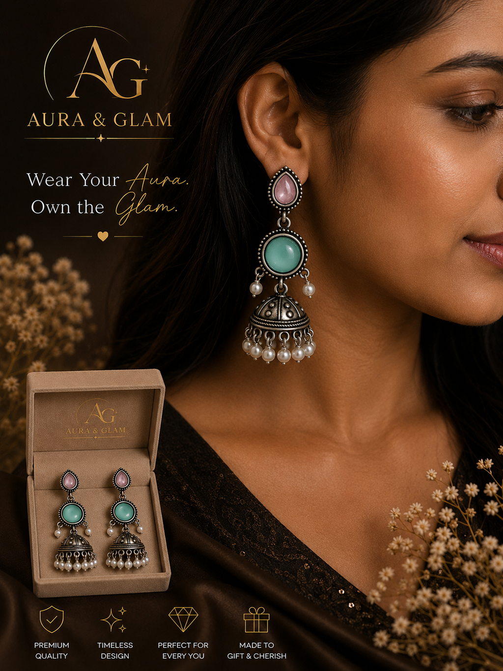 ✨ German Silver Multicolor Stone Pearl Jhumka Earrings