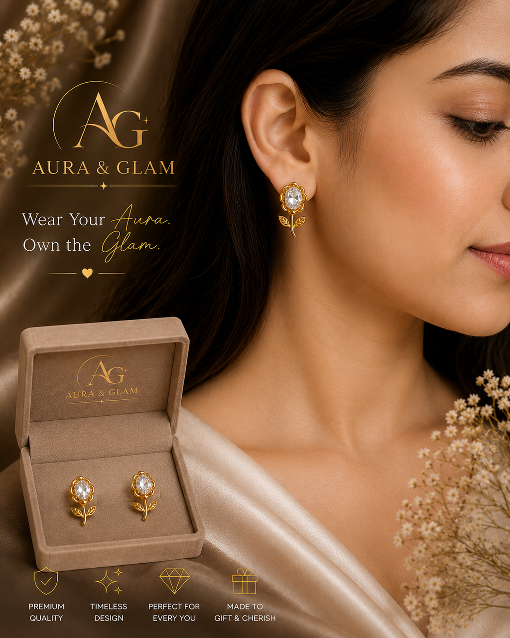 Elegant Gold Floral Crystal Earrings for Women