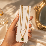 Emerald Green Stone Layered Necklace – 2 Layer Gold Finish